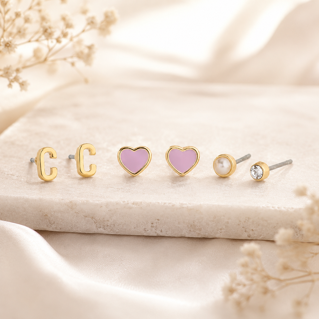 Coach C Initial Stud Earrings Set – Gold & Pink (3 Pairs)