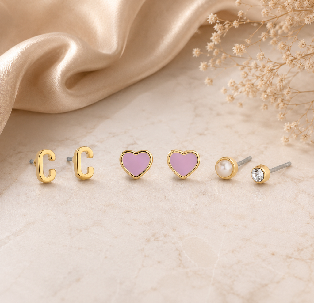 Coach C Initial Stud Earrings Set – Gold & Pink (3 Pairs)