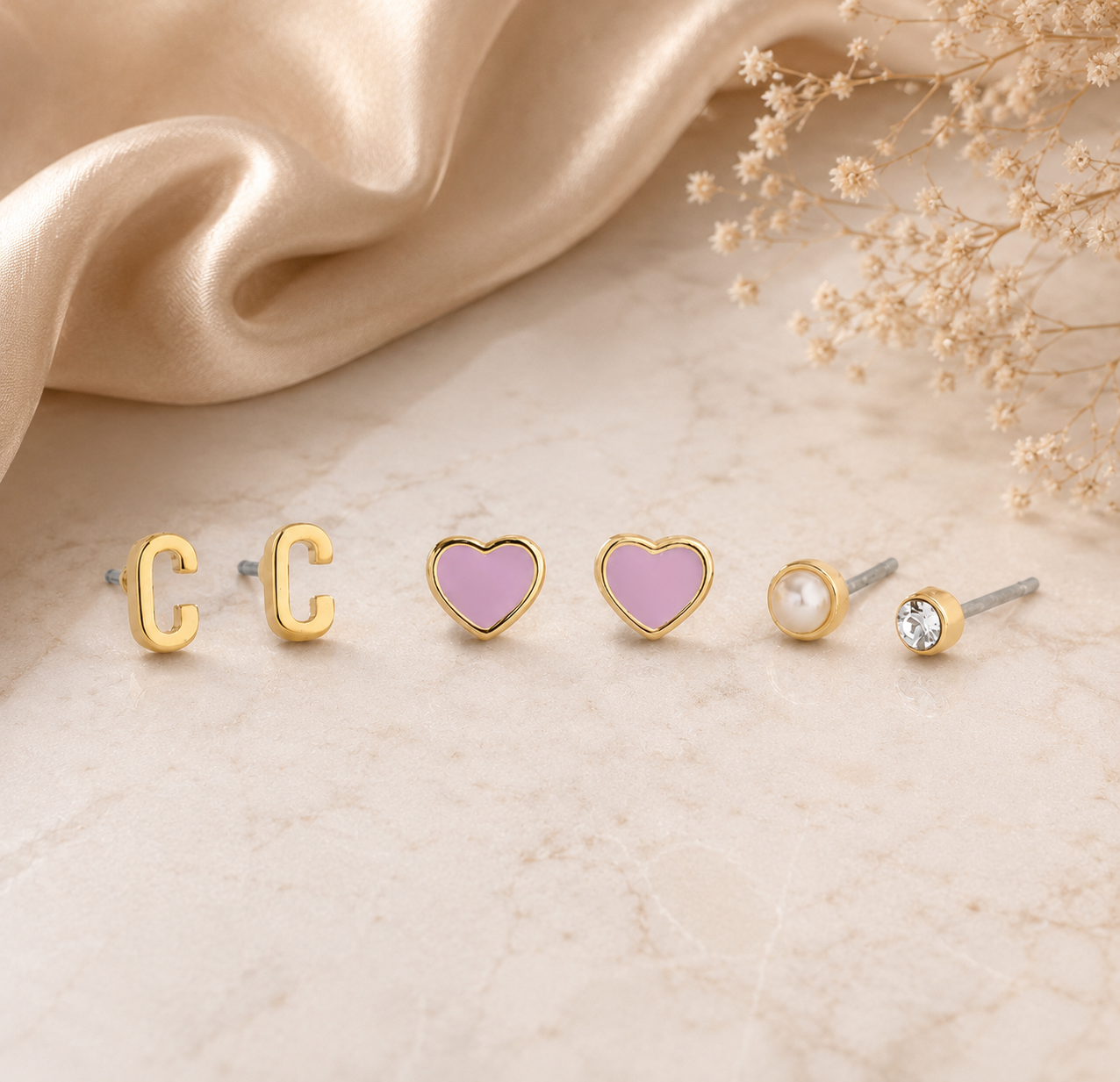 Coach C Initial Stud Earrings Set – Gold & Pink (3 Pairs)