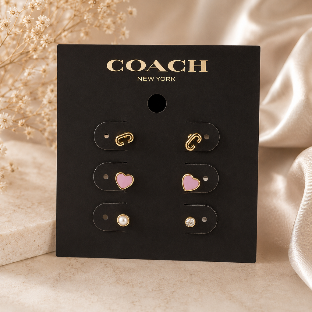 Coach C Initial Stud Earrings Set – Gold & Pink (3 Pairs)