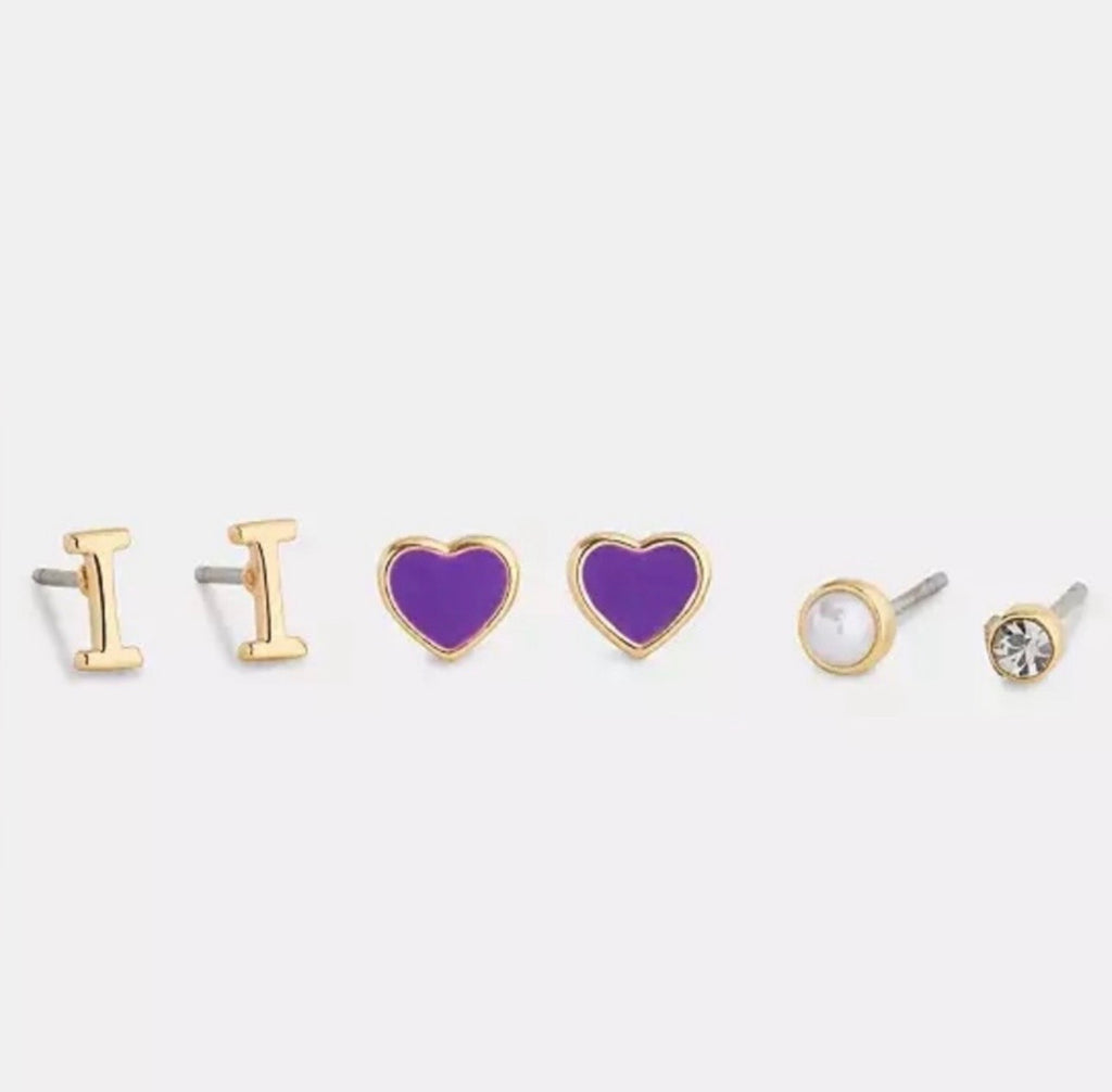 Coach Initial Stud Earrings Set (Gold & Purple) – 3 Pair Set | NWT
