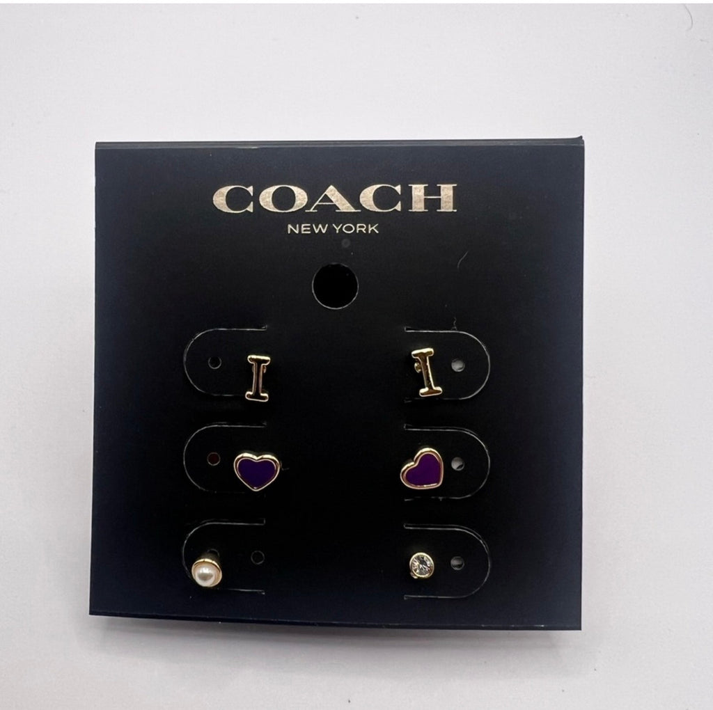 Coach Initial Stud Earrings Set (Gold & Purple) – 3 Pair Set | NWT