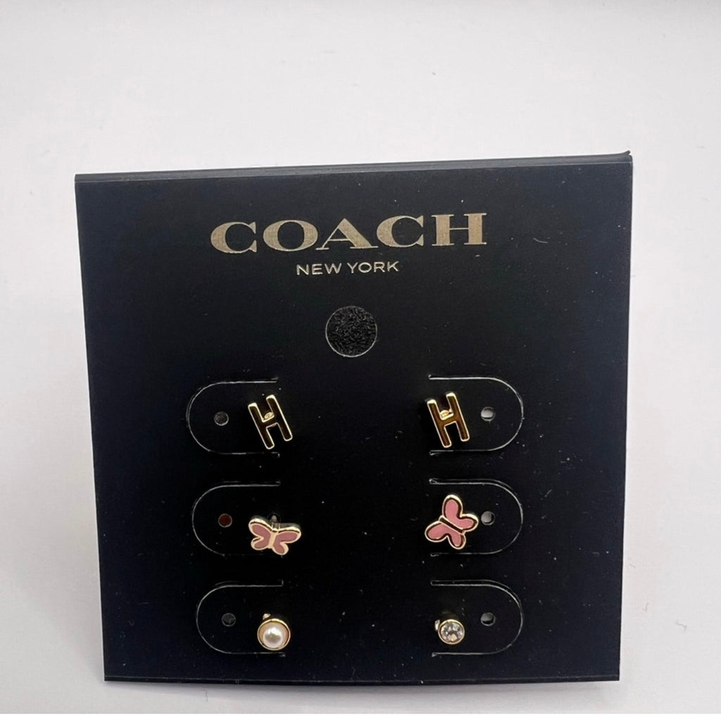 Coach H Initial Stud Earrings Set (Gold & Pink) – 3 Pair Set | NWT
