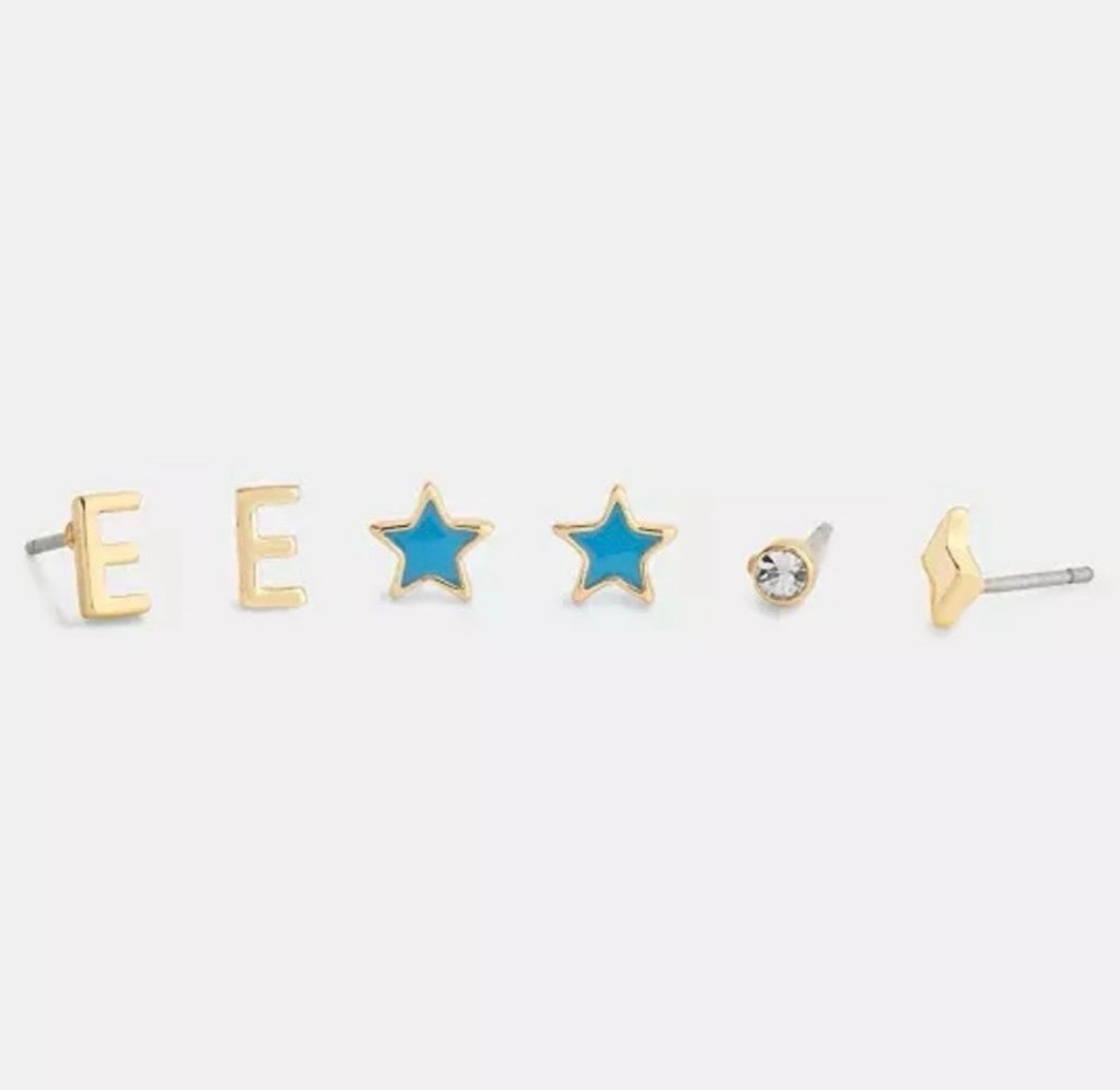 Coach E Initial Stud Earrings Set (Gold & Blue) – 3 Pair Set | NWT