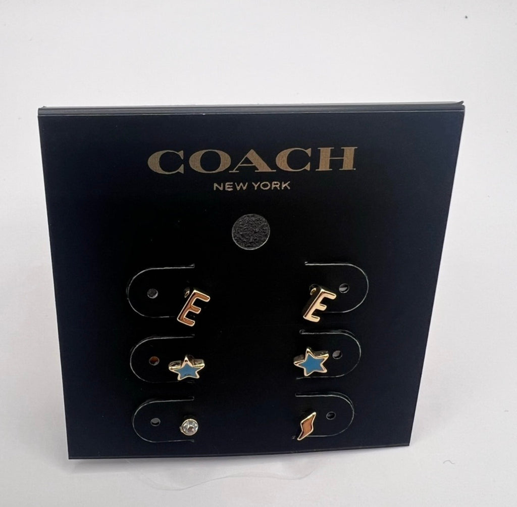 Coach E Initial Stud Earrings Set (Gold & Blue) – 3 Pair Set | NWT