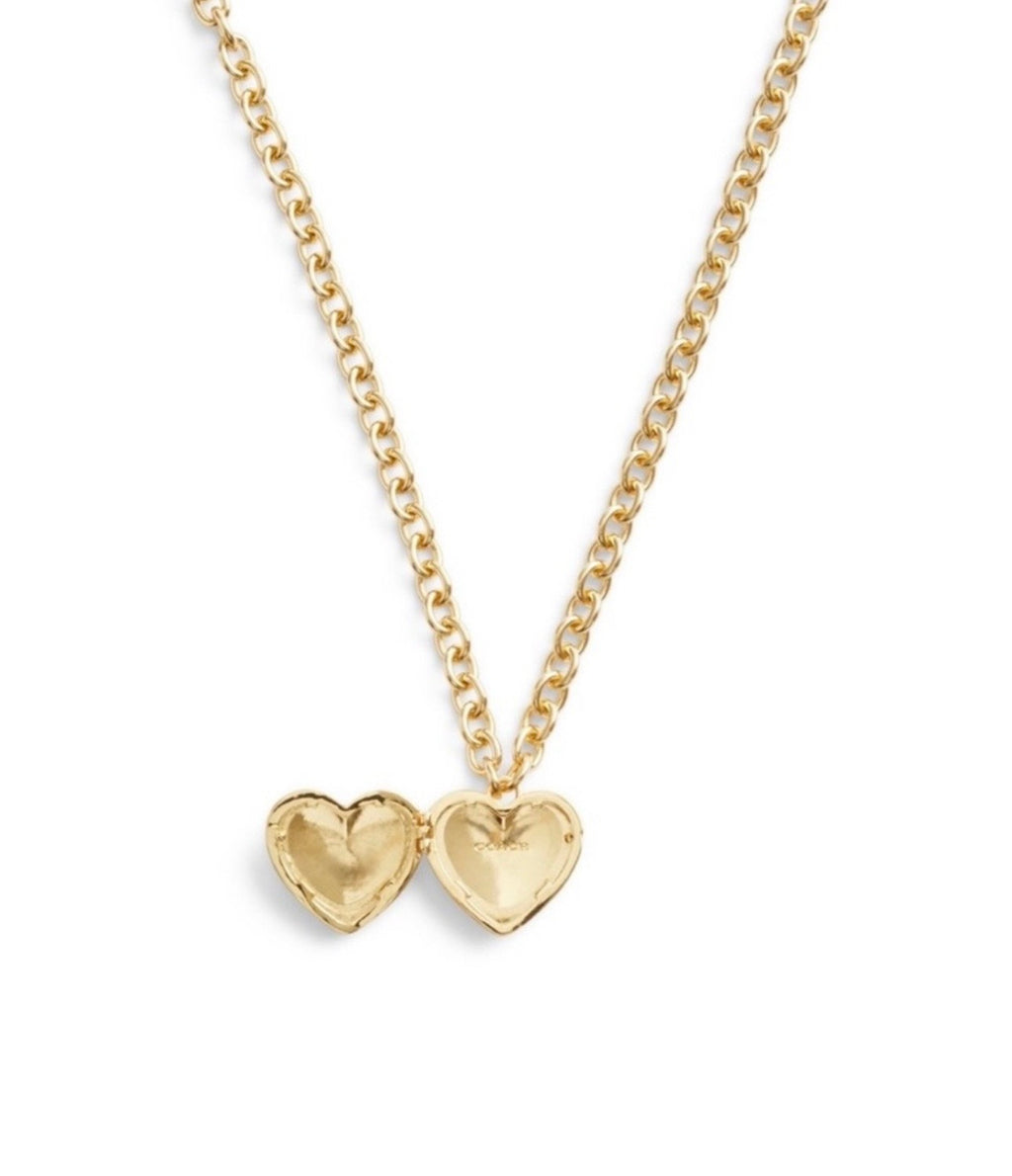 Coach Quilted Heart Locket Necklace – Gold Tone Statement Chain