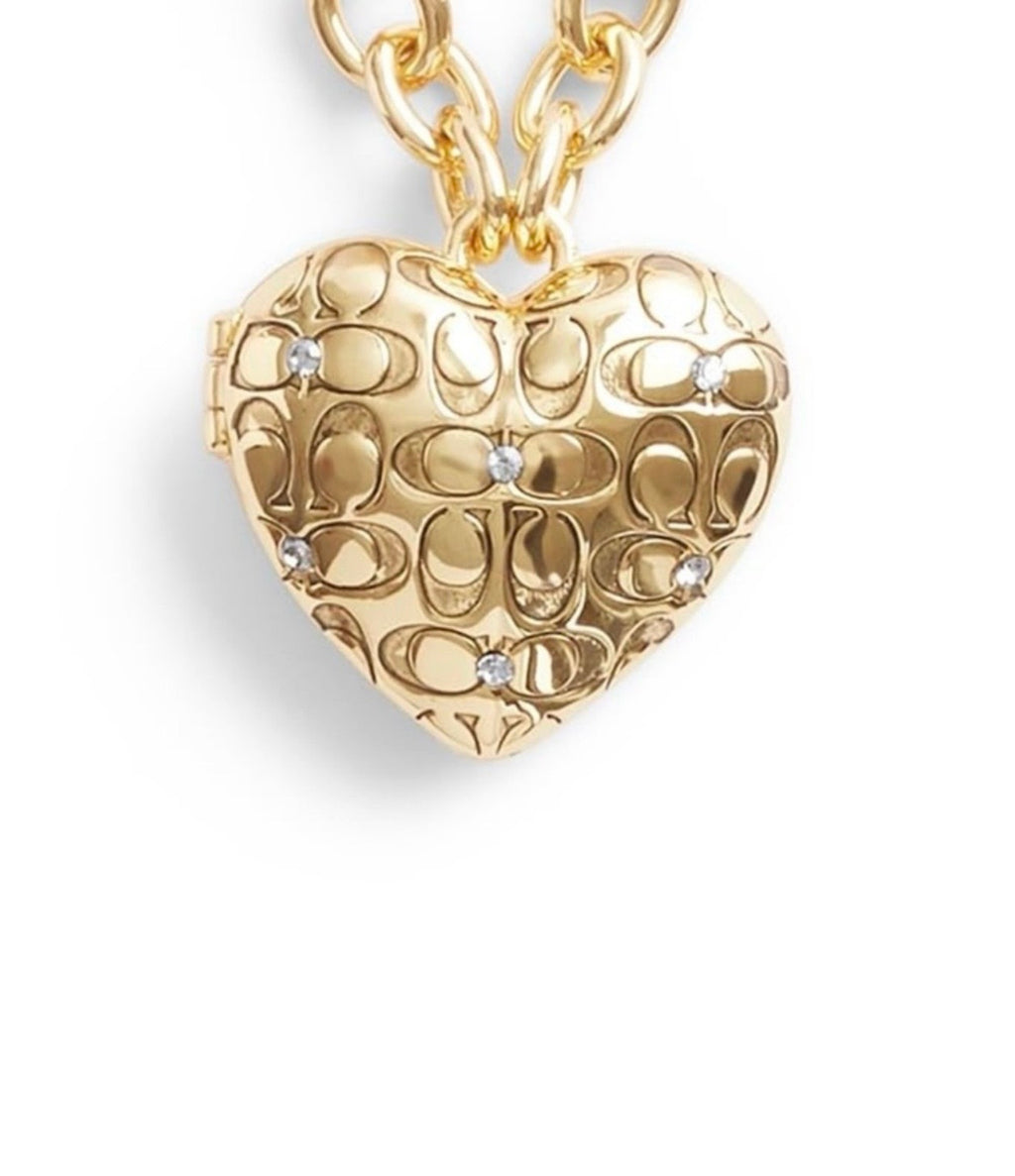 Coach Quilted Heart Locket Necklace – Gold Tone Statement Chain