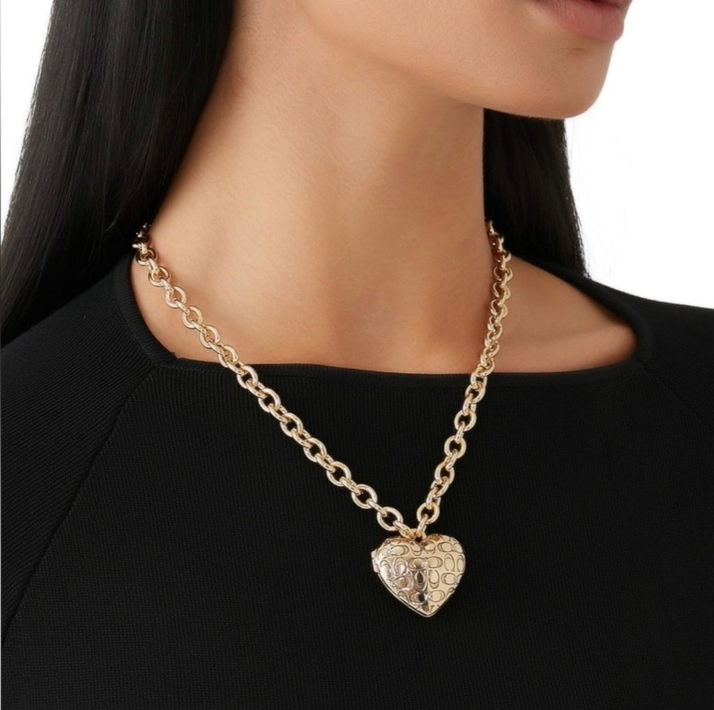 Coach Quilted Heart Locket Necklace – Gold Tone Statement Chain