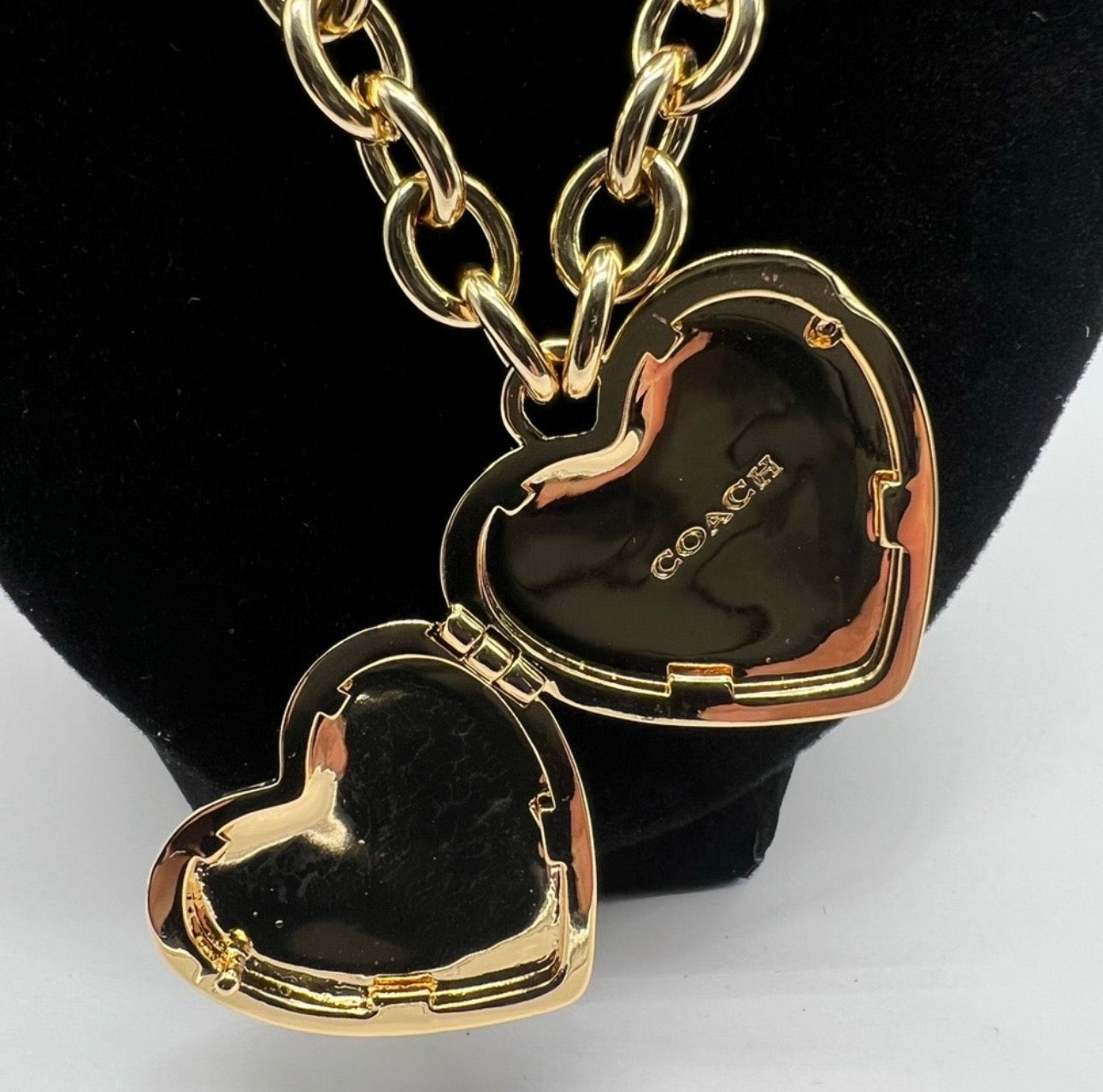 Coach Quilted Heart Locket Necklace – Gold Tone Statement Chain