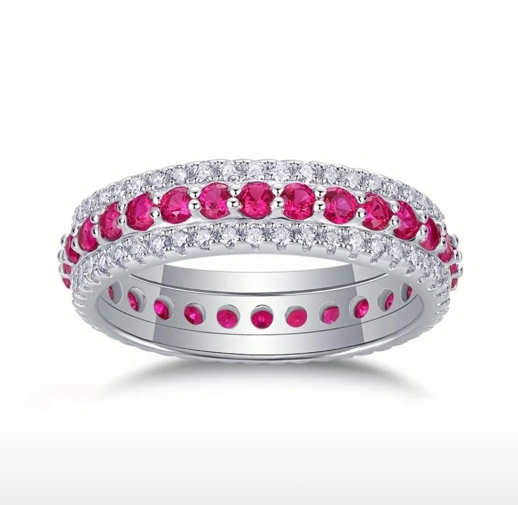 Moissanite Ruby Inlaid Ring – S925 Silver 3 Row Statement Band (Size 9)