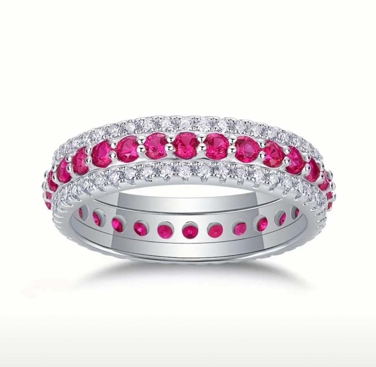 Moissanite Ruby Inlaid Ring – S925 Silver 3 Row Statement Band (Size 9)