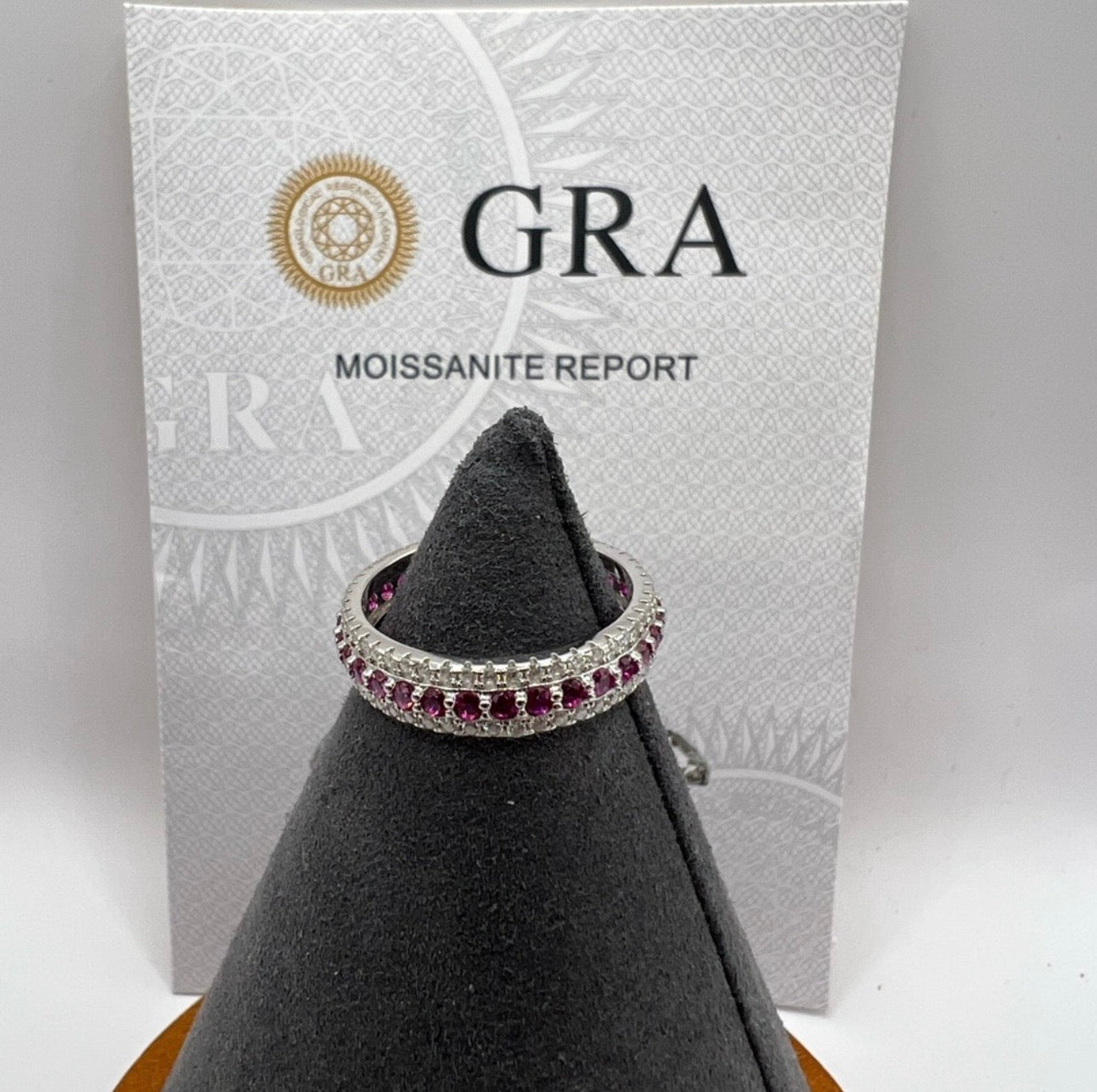 Moissanite Ruby Inlaid Ring – S925 Silver 3 Row Statement Band (Size 9)