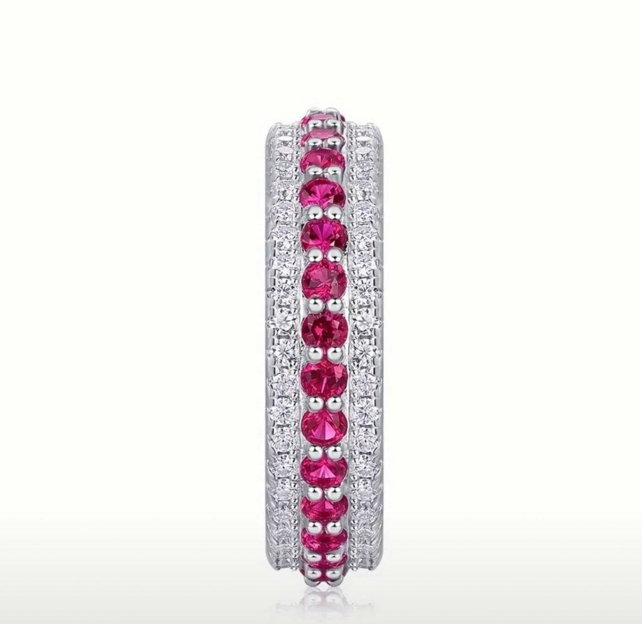 Moissanite Ruby Inlaid Ring – S925 Silver 3 Row Statement Band (Size 9)