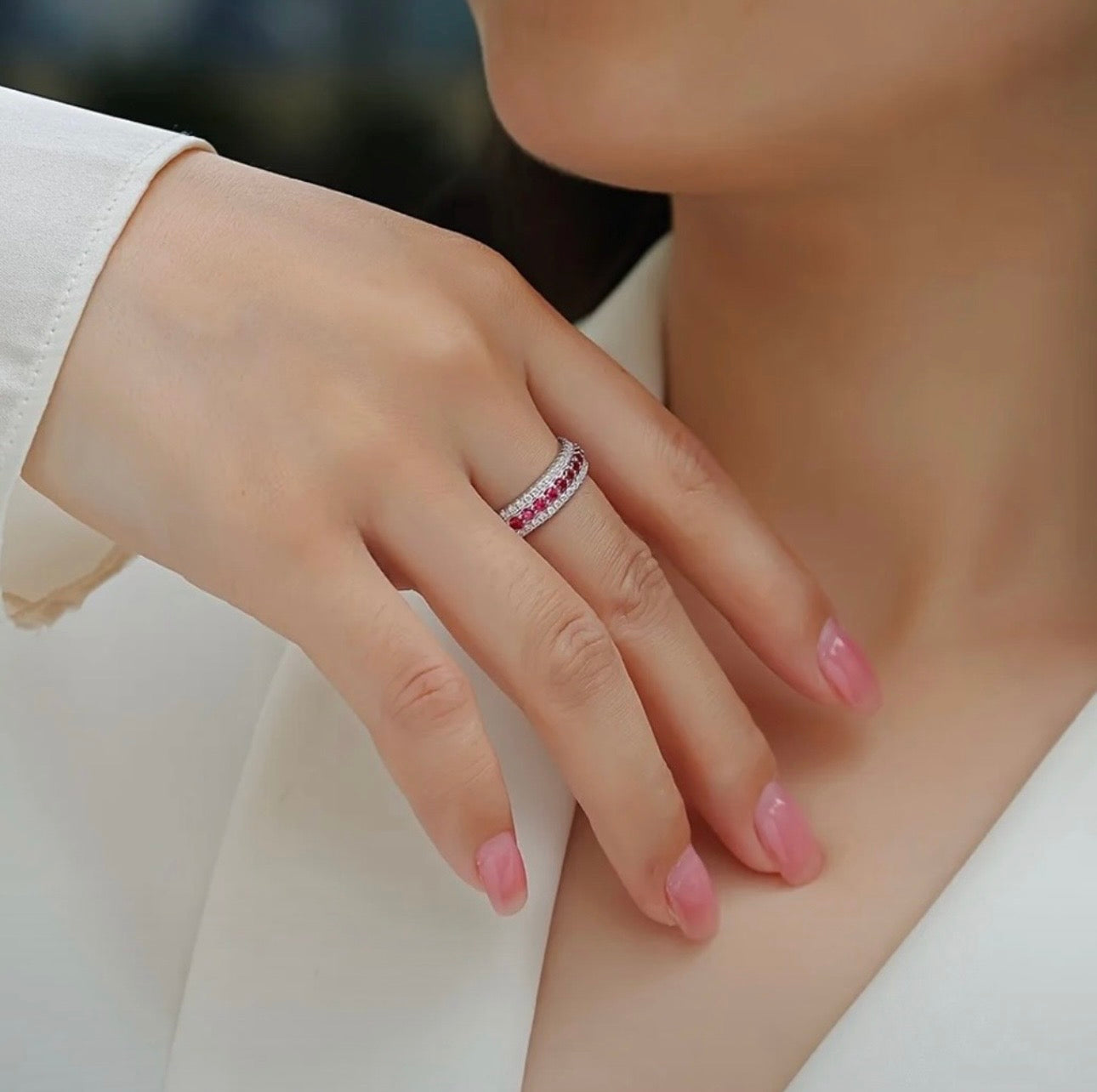 Moissanite Ruby Inlaid Ring – S925 Silver 3 Row Statement Band (Size 9)