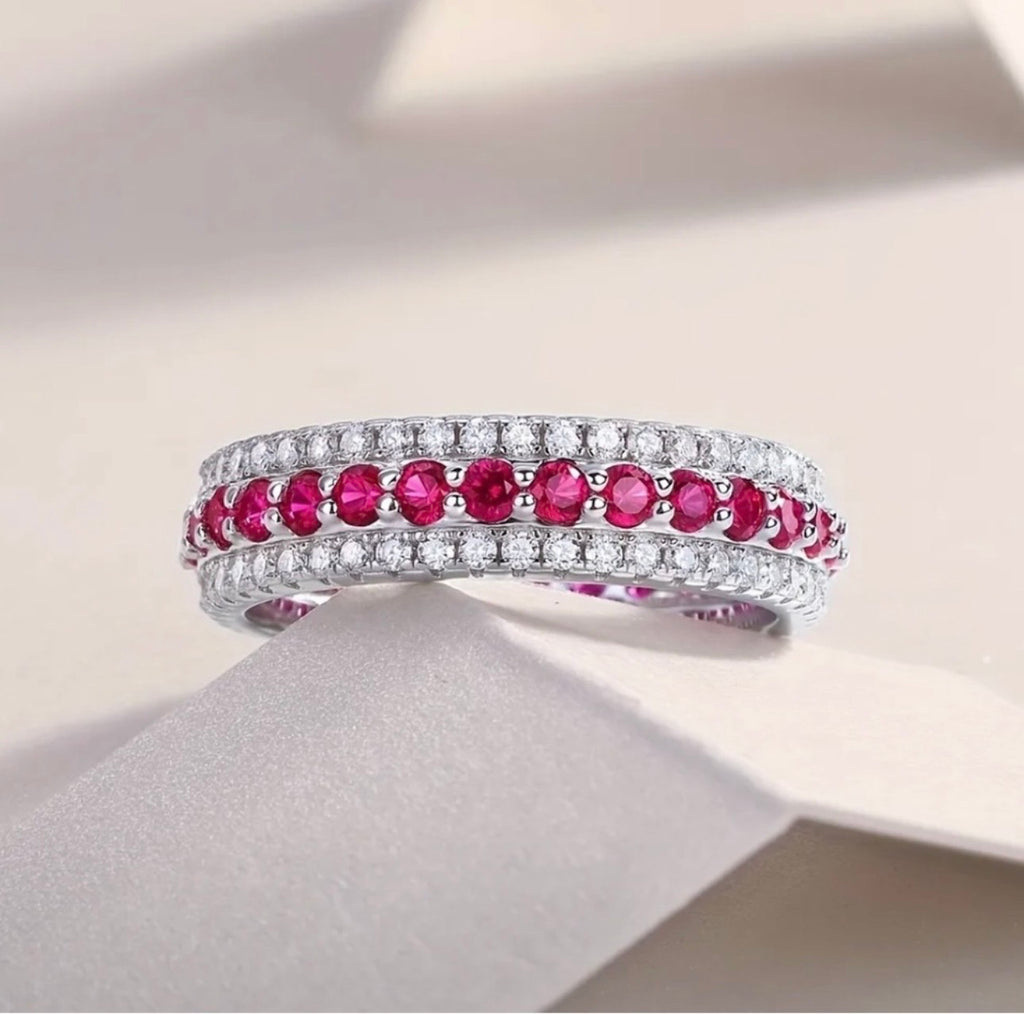 Moissanite Ruby Inlaid Ring – S925 Silver 3 Row Statement Band (Size 9)