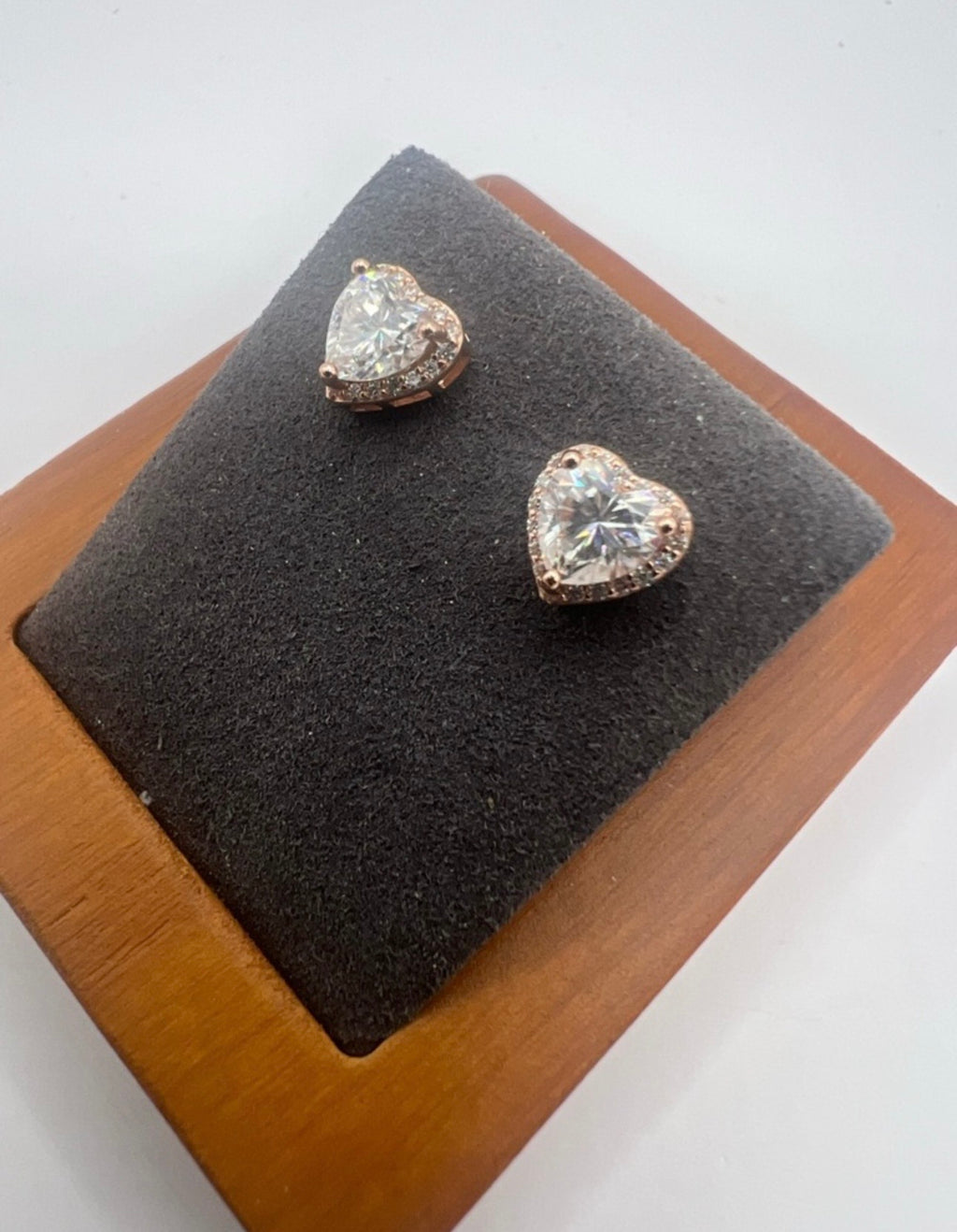 Rose Gold Heart Moissanite Stud Earrings Halo Sterling Silver