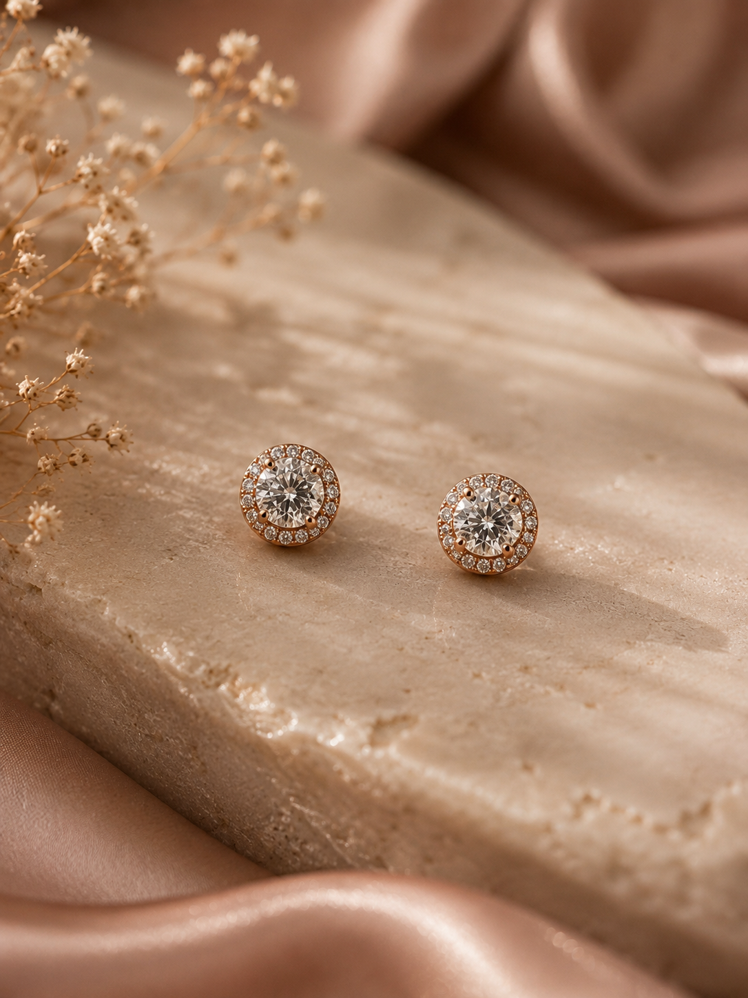 Rose Gold Moissanite Halo Stud Earrings Sterling Silver