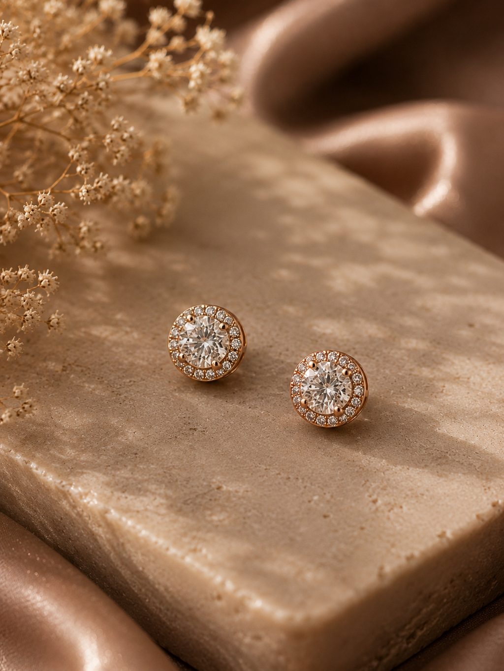 Rose Gold Moissanite Halo Stud Earrings Sterling Silver