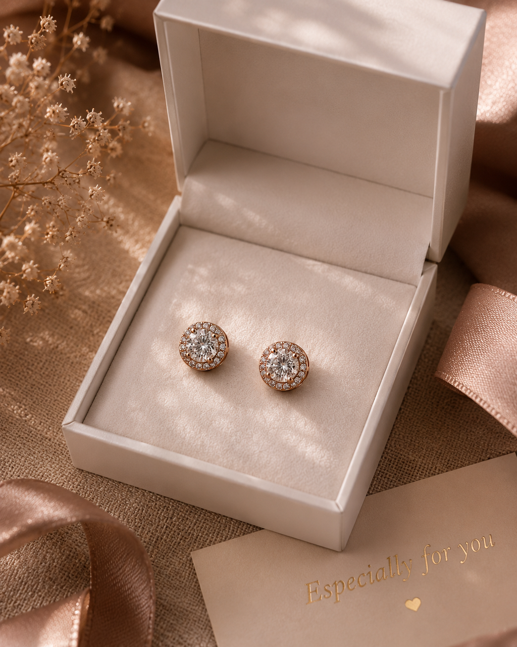 Rose Gold Moissanite Halo Stud Earrings Sterling Silver