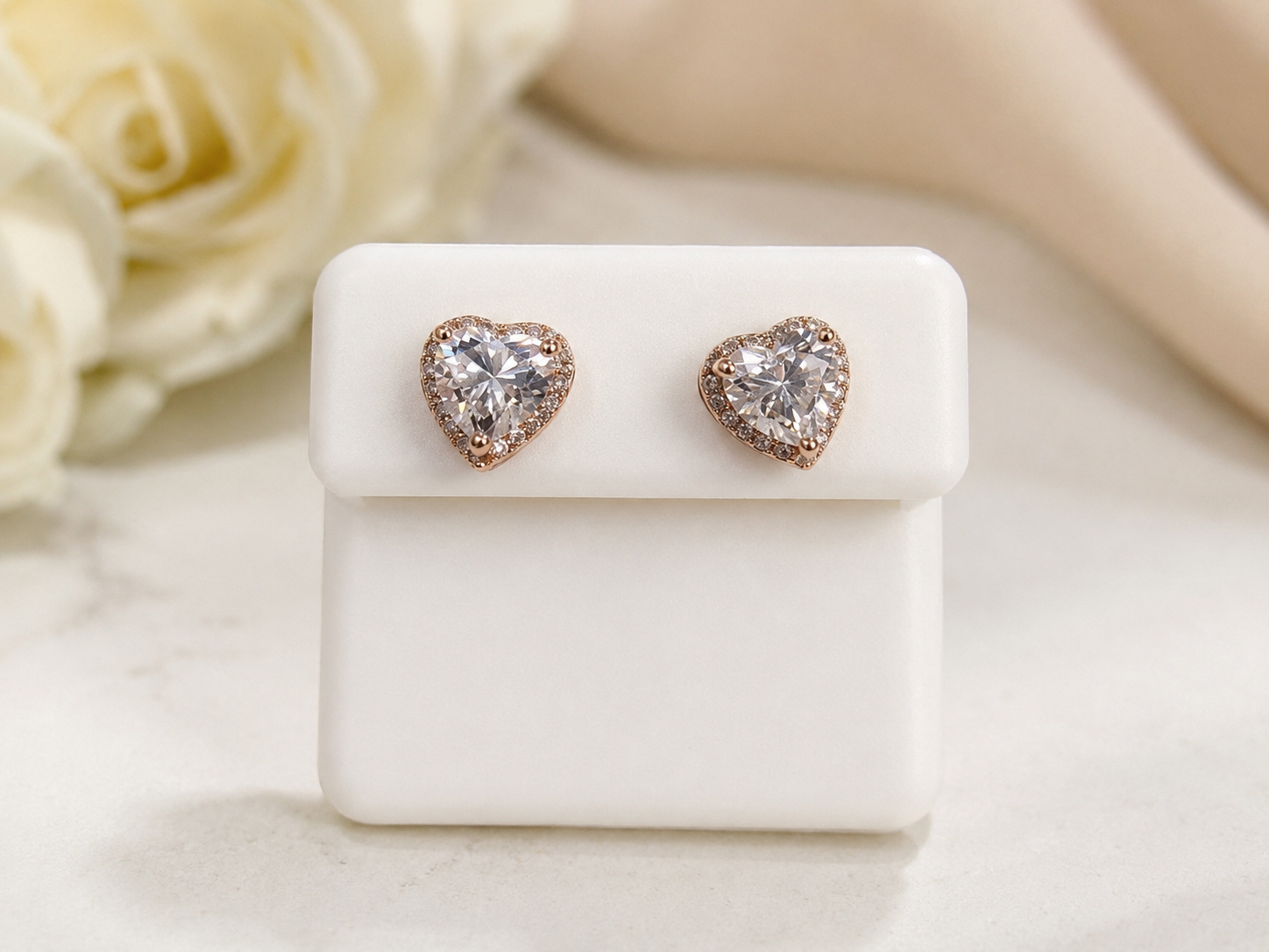 Rose Gold Heart Moissanite Stud Earrings Halo Sterling Silver
