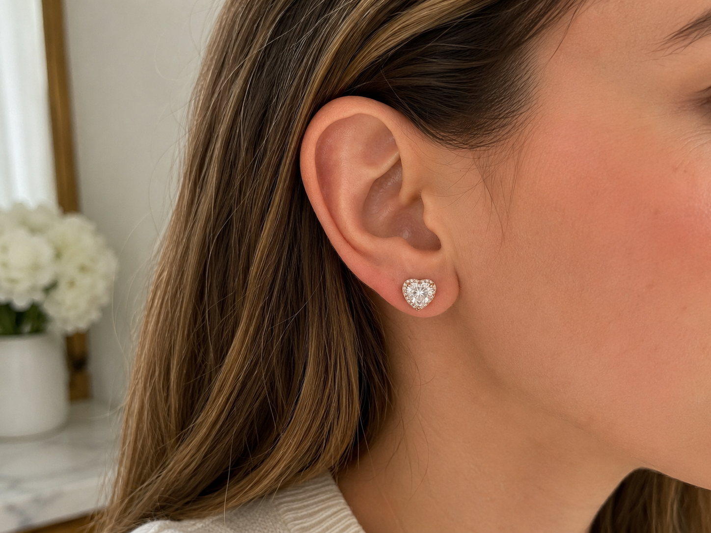 Rose Gold Heart Moissanite Stud Earrings Halo Sterling Silver