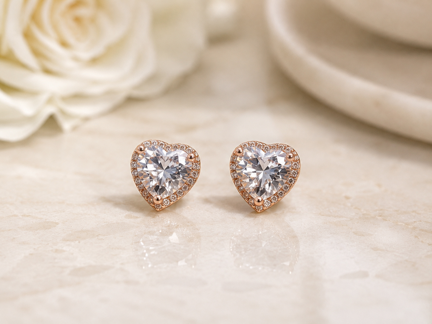 Rose Gold Heart Moissanite Stud Earrings Halo Sterling Silver