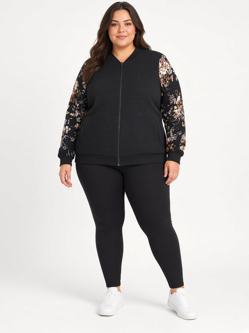 BloomChic Black Quilted Bomber Jacket, Floral Print Sleeves, Full Zip, Pockets, Size US 28