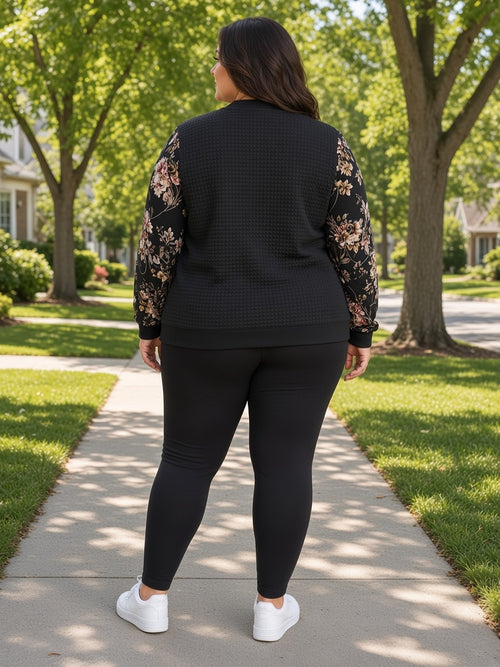 BloomChic Black Quilted Bomber Jacket, Floral Print Sleeves, Full Zip, Pockets, Size US 28