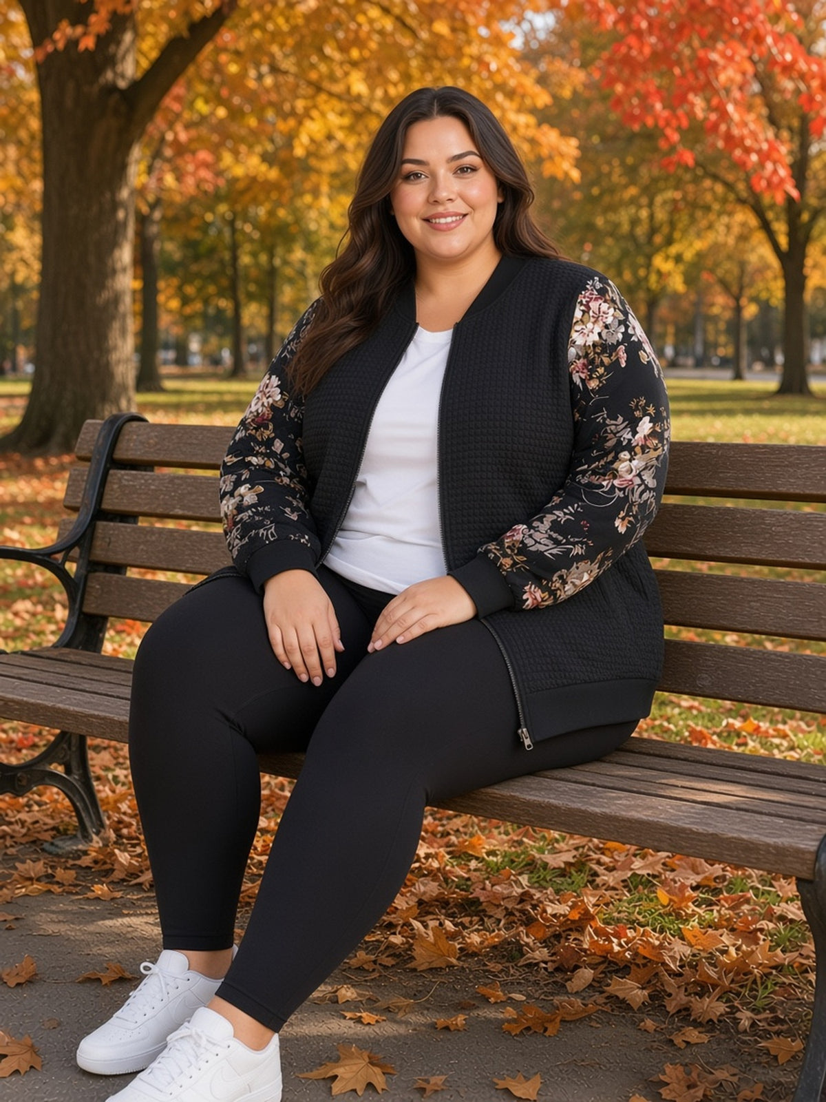 BloomChic Black Quilted Bomber Jacket, Floral Print Sleeves, Full Zip, Pockets, Size US 28