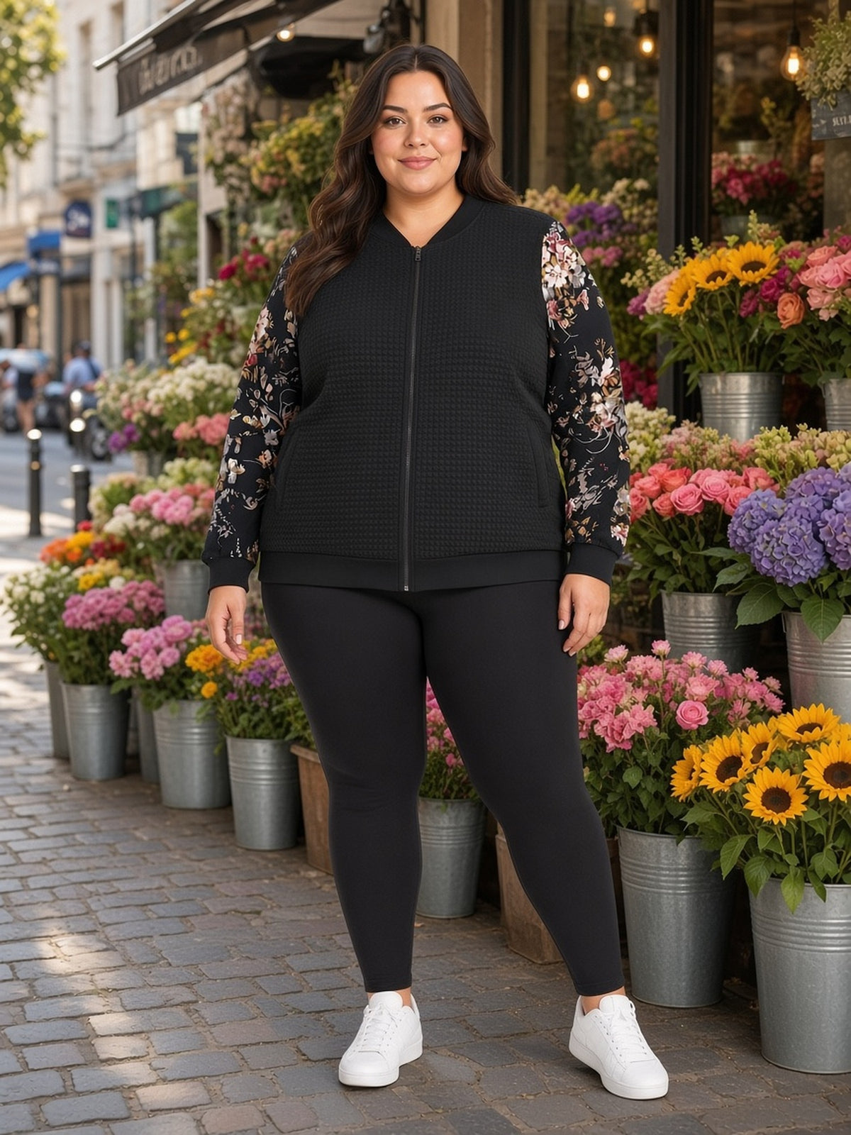 BloomChic Black Quilted Bomber Jacket, Floral Print Sleeves, Full Zip, Pockets, Size US 28