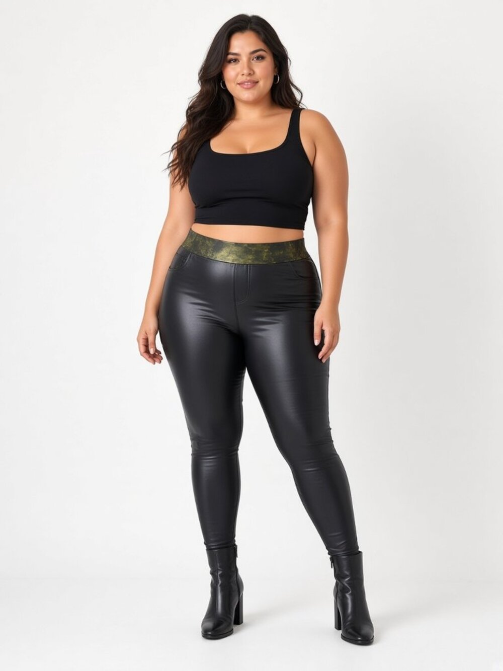 Torrid Black Faux Leather Leggings, Green Marbled Waistband, Torrid 4